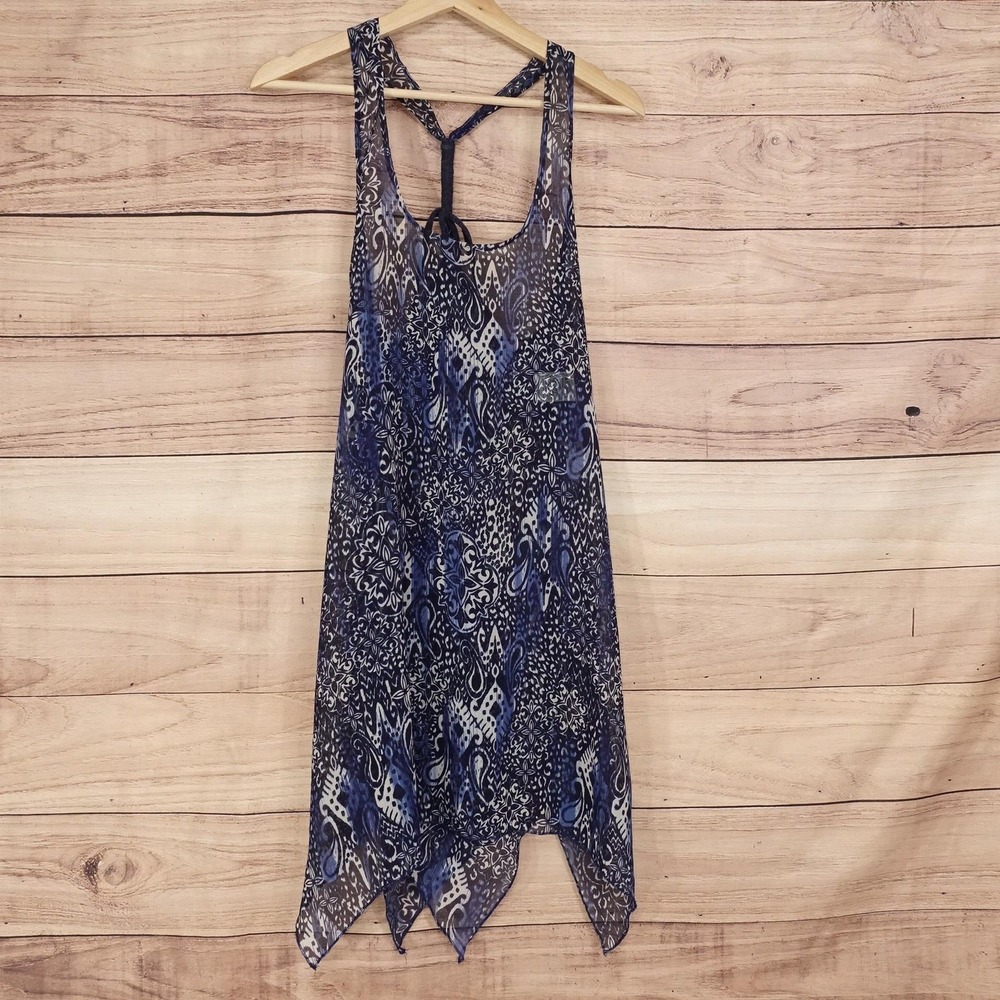Lucky Brand Swim Cover Up Womens S Blue Paisley Sheer Racerback Hanky Hem